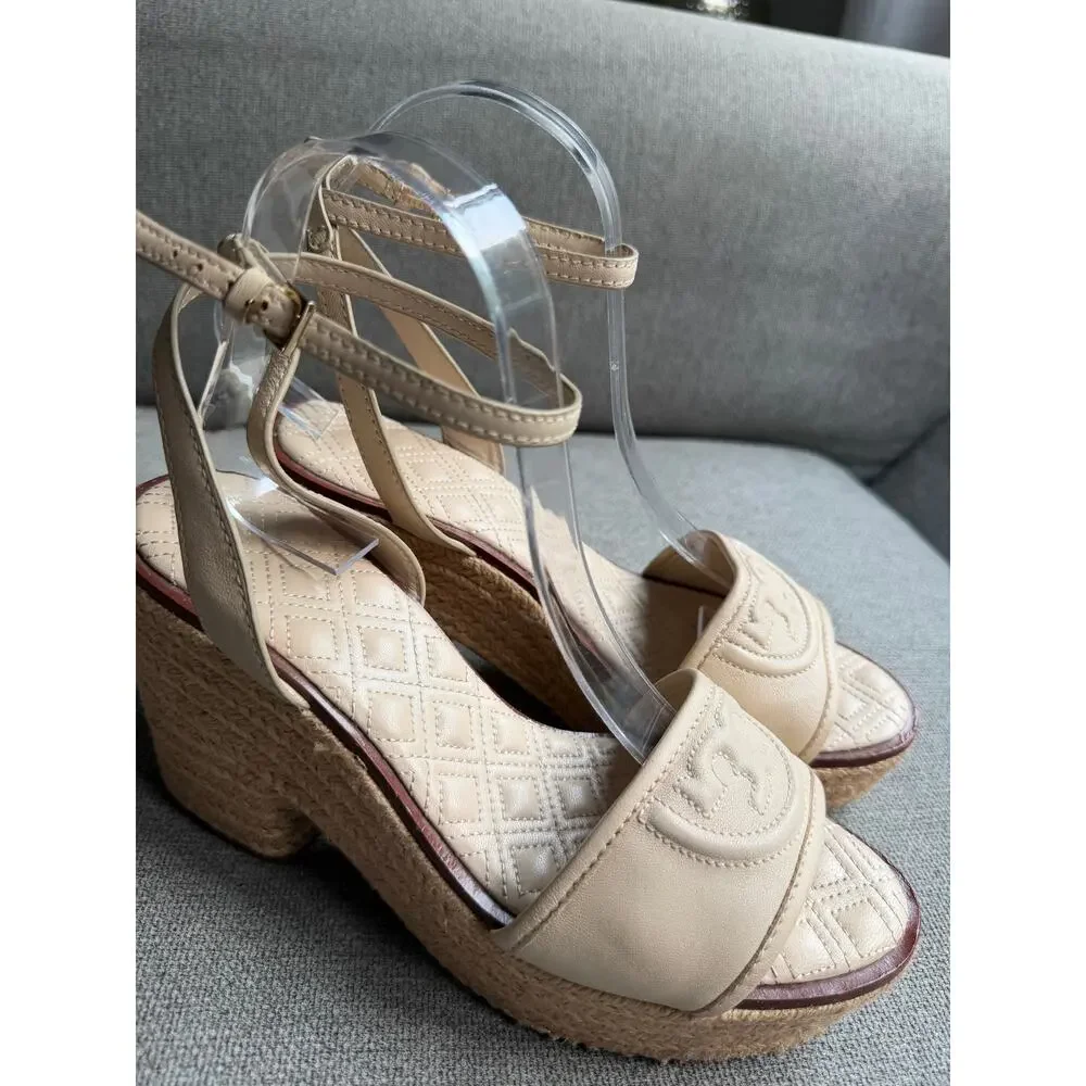 Tory Burch Fleming Nappa Leather Platform Espadrille Wedge Sandals Cream Sz 8.5